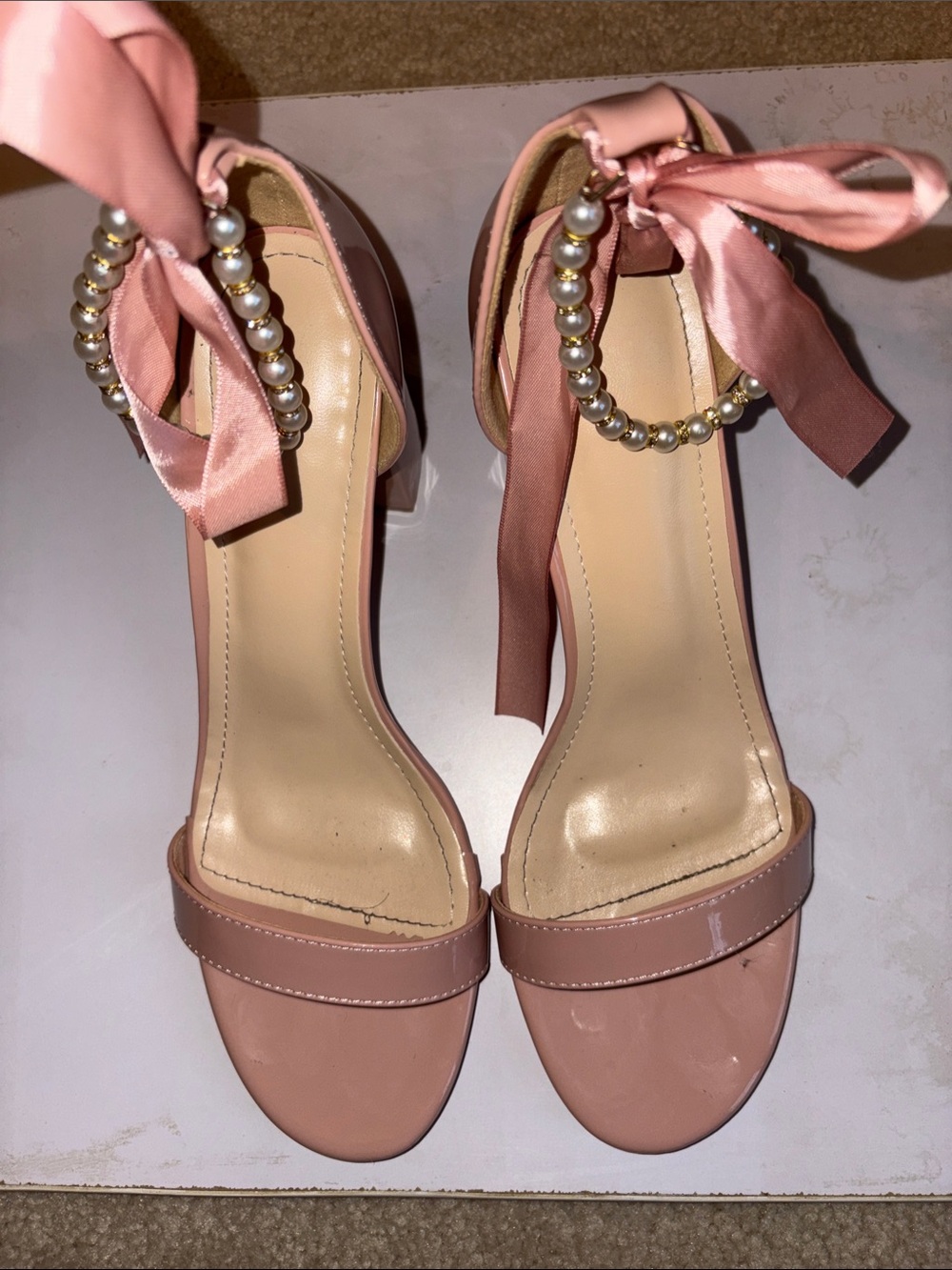 SHEIN Pink Pearl-Embellished Ankle Tie Block Heels